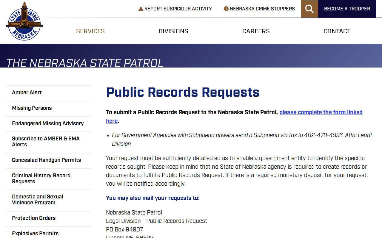 Nebraska State Patrol public request channel for Boyd County arrest records