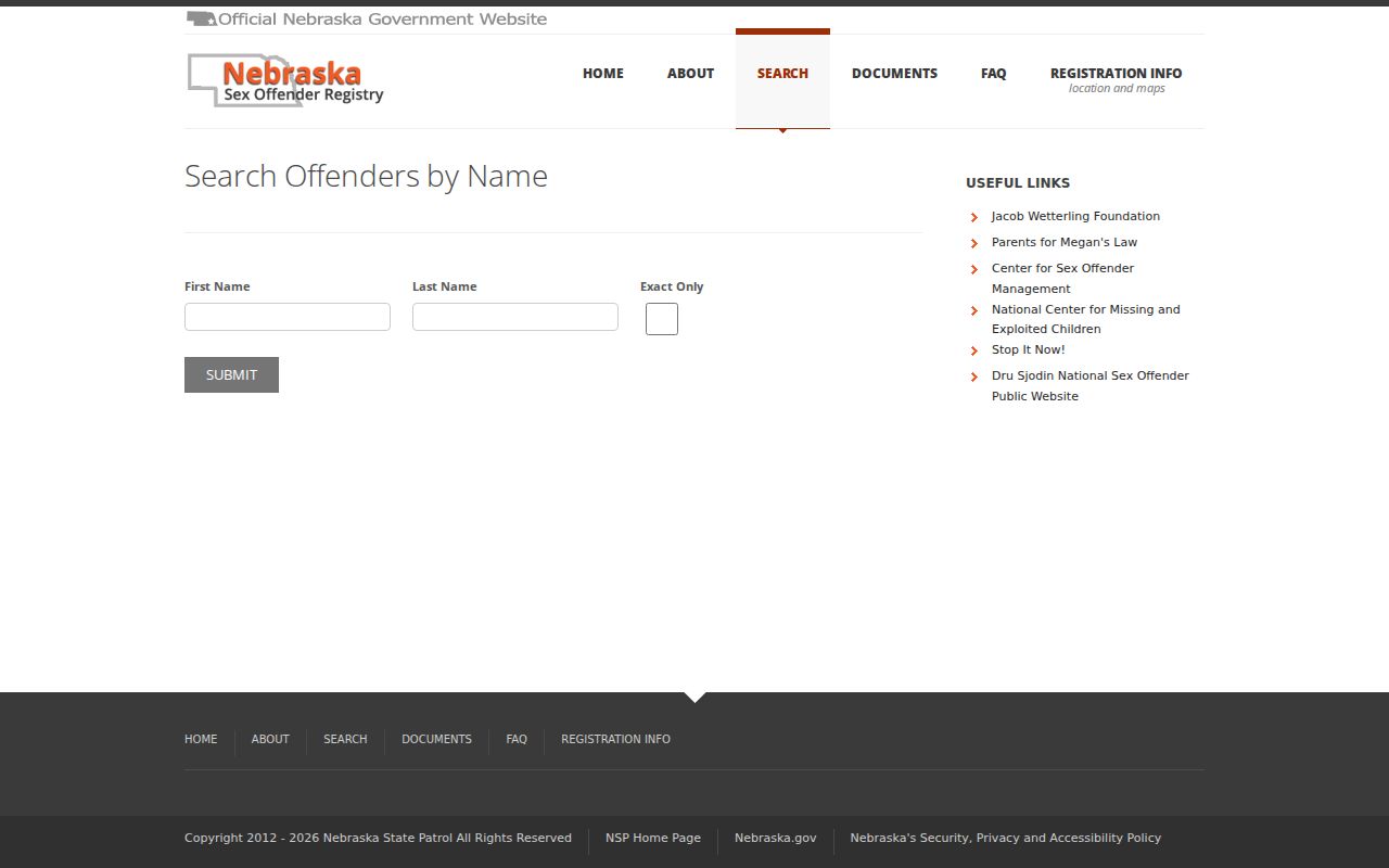 Name fields for a Boyd County sex offender registry search